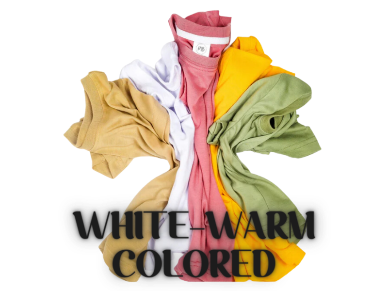 Select from our White Warm Colored Collection 100% Polyester Shirts for customized needs.  Latte, White, Vintage Rose, Pineapple, or Sage 