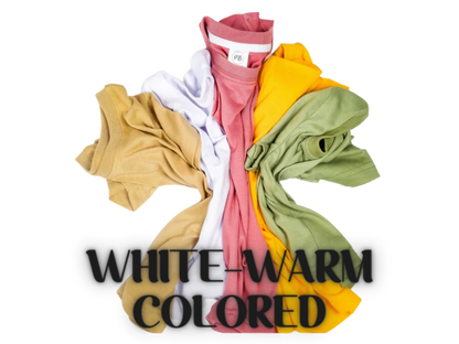 Select from our White Warm Colored Collection 100% Polyester Shirts for customized needs.  Latte, White, Vintage Rose, Pineapple, or Sage 